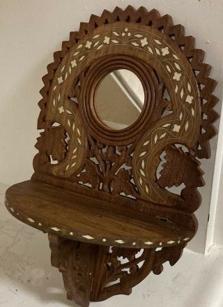 Vintage Rare Eastern Indian Style Carved & Bone Inlaid Wood Mirror Shelf