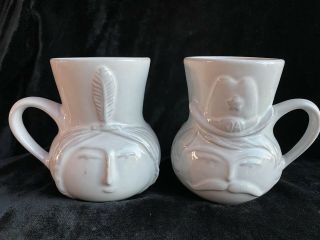 Set Of 2 Rare Jonathan Adler Cowboy Native American Indian Tea Cups Mugs