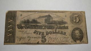 $5 1862 Richmond Virginia Va Confederate Currency Bank Note Bill Rare T53