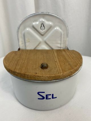 Vintage French Enamel Ware Kitchen Box,  Set (salt) With Wooden Lid,  Rare