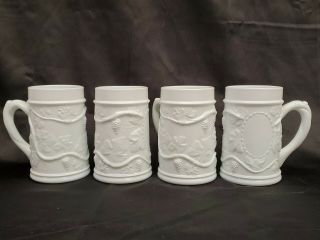 Vtg Rare Indiana Milk Glass Steins Set Of 4 - 5 " H Beer Mug Grape Vine Design