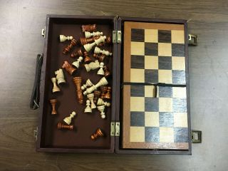 Estate Find Very Rare Vintage Wood Portable Chess Set In Faux Leather Case