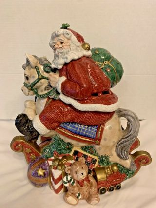 Rare Vintage: Fitz And Floyd Christmas Cookie Jar Santas List Rocking Horse Toys