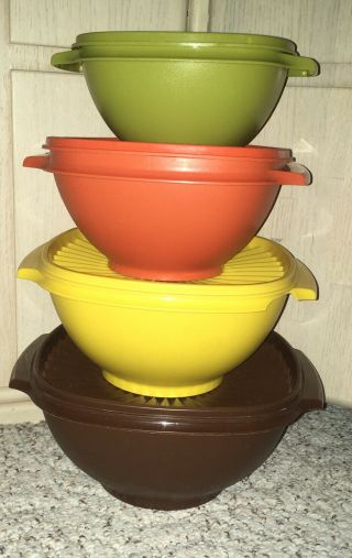 8pc Vintage Tupperware Servalier Bowl Set Harvest Brown Yellow Orange Green Rare