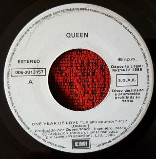 Queen One Year Of Love / Gimme The Prize Rare 1986 Spain Promo 7 " Single