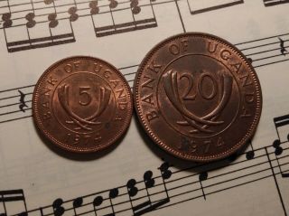 Uganda 5,  20 Cents 1974 Km1,  3 Bronze Pair - Very Rare Date