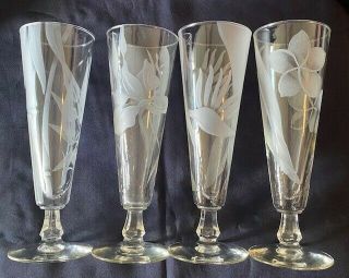 4 Vintage Frank Oda Arts Hawaii Etched Hawaiian Flower Water Glasses 8 3/4 " Rare
