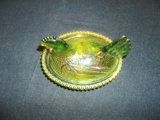Vintage Indiana Iridescent RARE Lime Green Carnival Glass 7” Hen Chicken On Nest 3