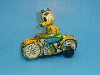 Vintage Rare Donald Duck On Motorcycle Line Mar Co.  Japan Tin Litho Walt Disney