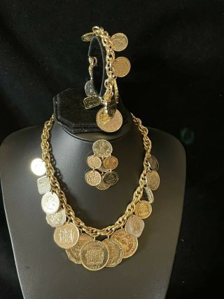 Vintage Franklin Rare 24kt Gold Plt Coin Necklace Bracelet And Brooch Set