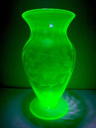 Big Rare Elegant Uranium Glass Footed Vase,  With Etched Flowers.