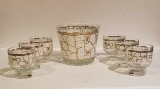 Vintage Starlyte Gold Mosaic Ice Bucket With 6 Glass Barware Set Rare Mcm 70 