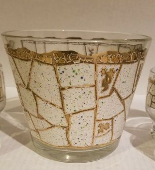 Vintage Starlyte Gold Mosaic Ice Bucket With 6 Glass Barware Set Rare MCM 70 ' s 2