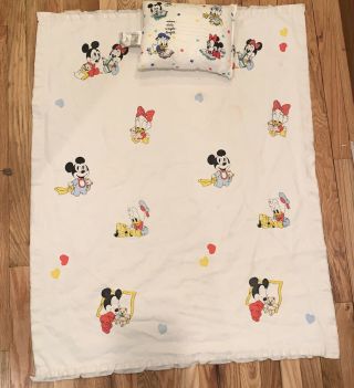 Vtg Disney Blanket Dundee Mickey Babies Flannel Cotton Satin Trim & Rare Pillow