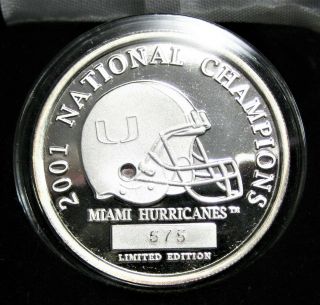 Rare: 2001 National Champions Miami Hurricanes Limited Edition.  999 Fine Silver