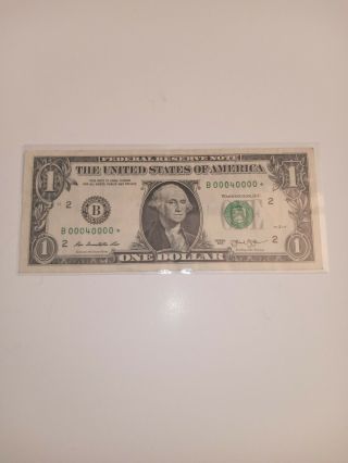Series 2013 United States $1 One Dollar  Note Rare Single Digit B 00040000