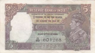 5 Rupees Vf Banknote From British Government Of India 1937 Pick - 18 Rare