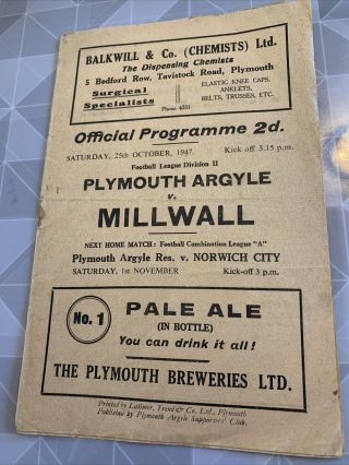 Plymouth Argyle V Millwall 25/10/1947 Rare