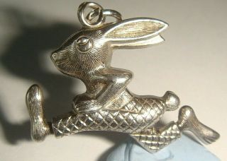 Rare Vintage Puffed Silver Running Dressed Bunny Rabbit Charm