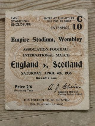 Rare Pre War Football Ticket England V Scotland Wembley 1936 International