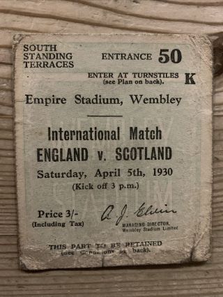 Rare Pre War Football Ticket England V Scotland Wembley 1930