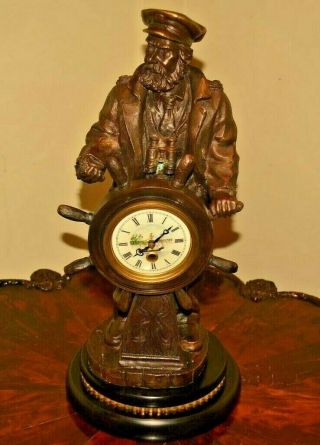 Antique Rare Helmsman Ship Wheel Bronze Boat Sea Captain Statue Clock Sculpture