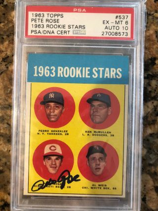 1963 Topps Pete Rose Cincinnati Reds Low Pop 537 Baseball Card Psa6auto10 Rare