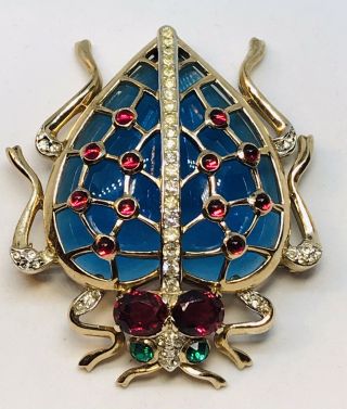 Rare Vintage Trifari Alfred Philippe Caged Sapphire Jelly Belly Jeweled Bug Pin