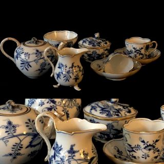Rare Antiques Meissen Porcelain Blue Onion Quatrefoil Set Gold With Large Bowl
