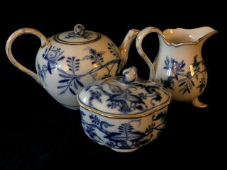Rare Antiques Meissen porcelain Blue Onion Quatrefoil Set Gold With Large Bowl 4