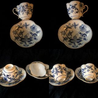 Rare Antiques Meissen porcelain Blue Onion Quatrefoil Set Gold With Large Bowl 5