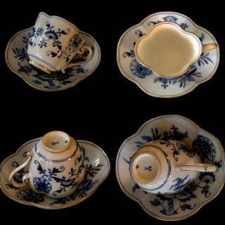 Rare Antiques Meissen porcelain Blue Onion Quatrefoil Set Gold With Large Bowl 6