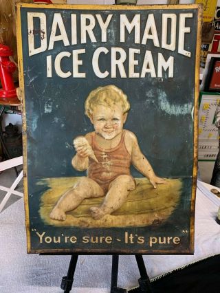 Rare Rare Vintage Dairy Made Ice Cream Fully Embossed Metal Sign 27 " X 19 " Cola