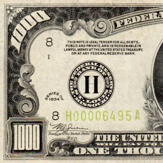 Rare 4 Digit Lgs 1934 St Louis $1000 One Thousand Dollar Bill 500 Fr.  2211 H6495a