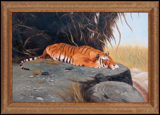 Ray Jacob Rare Oil Painting On Canvas Signed Tiger Wildlife Large Art