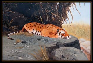 Ray Jacob Rare Oil Painting on Canvas Signed Tiger Wildlife Large Art 3