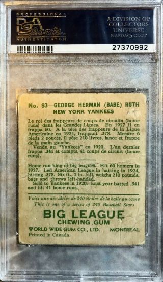 RARE 1933 World Wide Gum BABE RUTH Authentic Altered 2