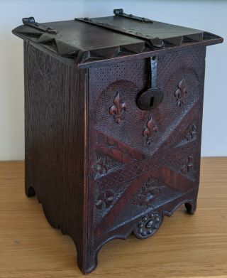 Rare 17th Century Carved Oak Salt Box With Ironwork Dated 1673