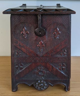 Rare 17th Century Carved Oak Salt Box With Ironwork Dated 1673 2