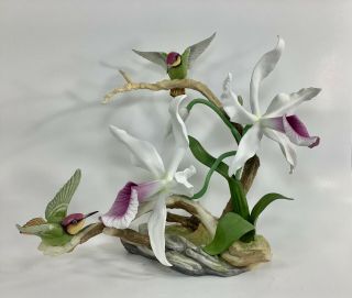 Rare,  Limited Issue Boehm Ruby Topaz Hummingbird W/ Laelia Orchid Large Figurine