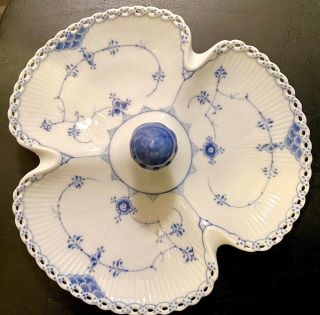 Rare Royal Copenhagen Blue Fluted Full Lace 3 Compartment Dish With Handle