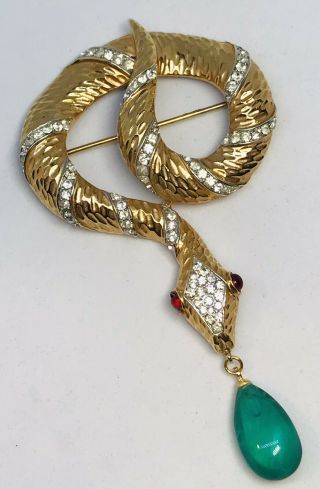 Large Rare Trifari Alfred Philippe Garden Of Eden Snake Pin - Gold Pave & Emerald