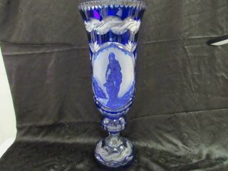 Rare 21 " Bohemian Cobalt To Clear Cut Crystal Vase Signed Nude Raised Art