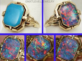 Rare Antique Art Deco Opal & Persian Turquoise 10k Solid Gold Cocktail Flip Ring