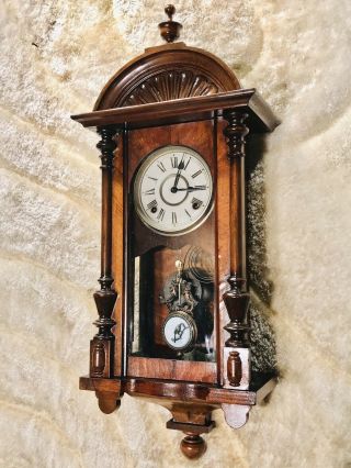 Rare Antique Usa Ingraham Wall Striking Vienna Clock,  Walnut Case & Pendulum