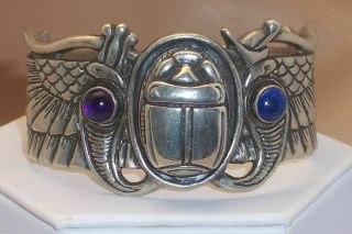 Rare Modernist Han Zup Egyptian Revival Winged Scarab Sterling Cuff Bracelet