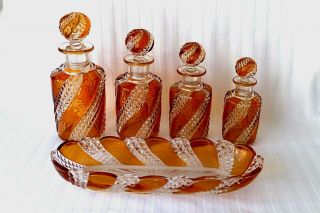 Antique French Baccarat Sepentine Amber Vanity Set,  Very Rare,  C 1903