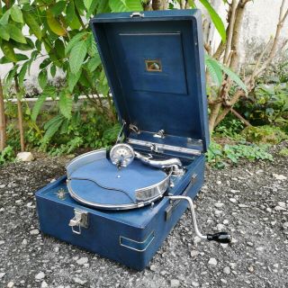 Ber1 Antique Hmv 102c Rare Blue Portable Picnic Gramophone Phonograph Vintage