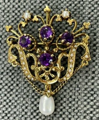 Rare Antique Edwardian Amethyst & Seed Pearl 14k Gold Brooch & Pendant Royalty