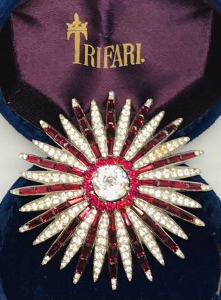 Large Rare Signed Trifari Alfred Philippe Rhodium Ruby & Pave Starflight Pin